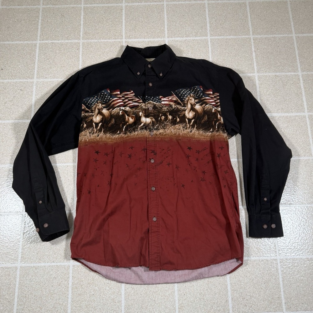 Bit & Bridle Shirt Mens M Black Red Button Up Long Sleeve Western Horses USA